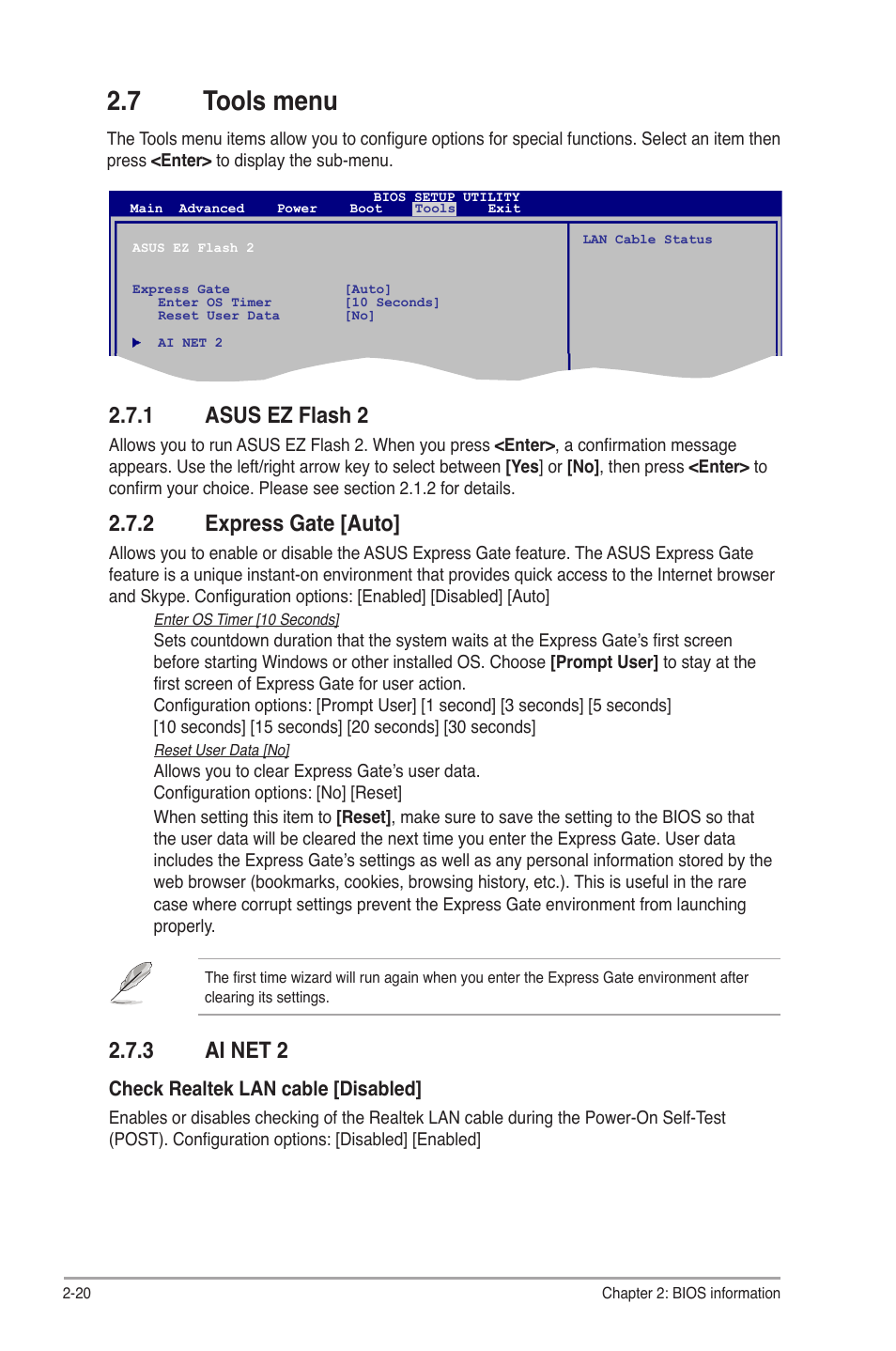 7 tools menu, 1 asus ez flash 2, 2 express gate [auto | 3 ai net 2, Tools menu -20 2.7.1, Asus ez flash 2 -20, Express gate -20, Ai net 2 -20 | Asus P5QL-VM EPU User Manual | Page 62 / 64