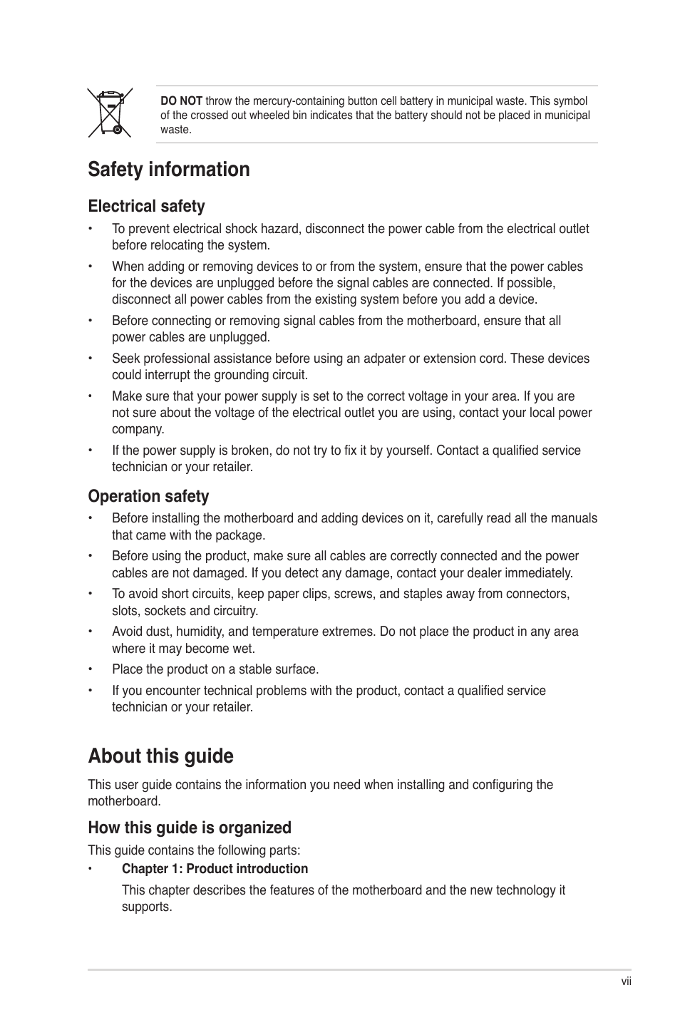 Safety information, About this guide, Electrical safety | Operation safety, How this guide is organized | Asus P5QL-VM EPU User Manual | Page 7 / 64