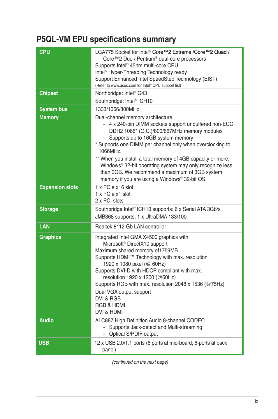 P5ql-vm epu specifications summary | Asus P5QL-VM EPU User Manual | Page 9 / 64