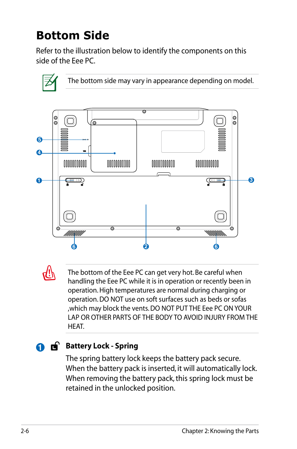 Bottom side, Bottom side -6 | Asus Eee PC S101/XP User Manual | Page 18 / 84