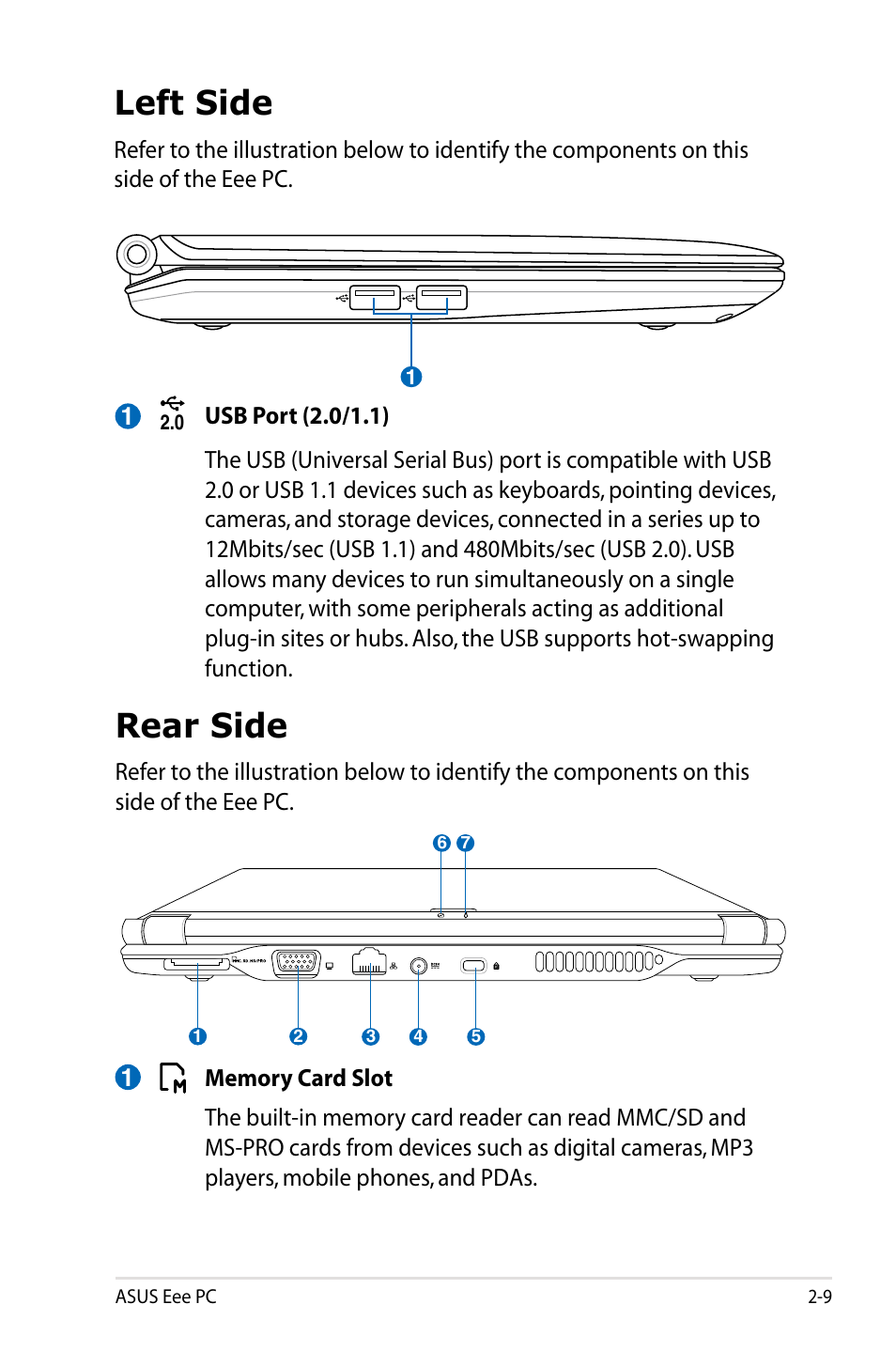 Left side, Rear side, Left side -9 rear side -9 | Asus Eee PC S101/XP User Manual | Page 21 / 84