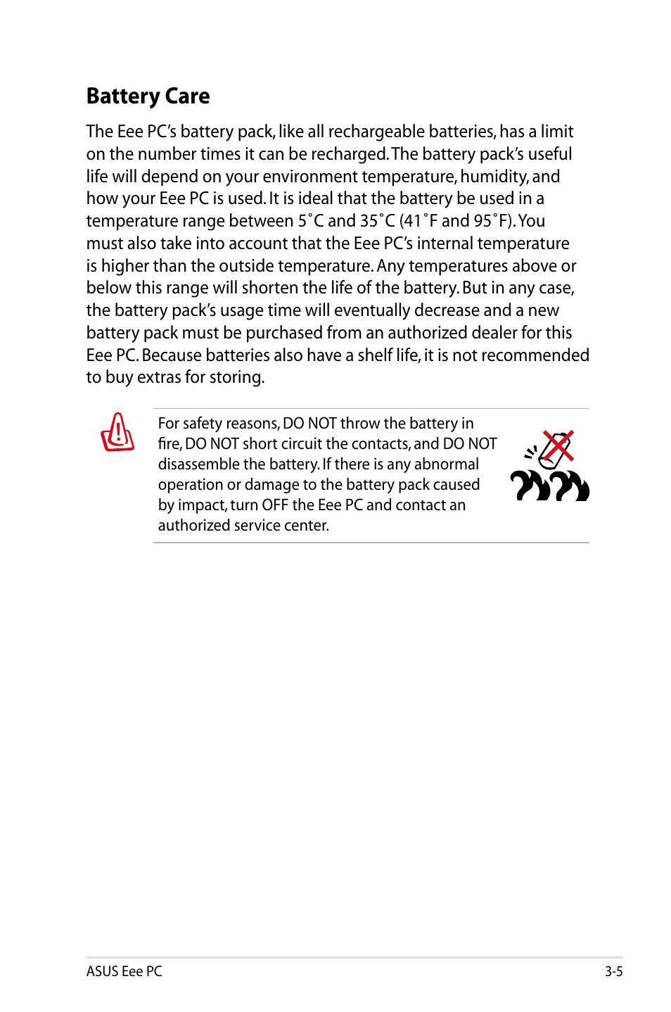 Battery care, Battery care -5 | Asus Eee PC S101/XP User Manual | Page 29 / 84