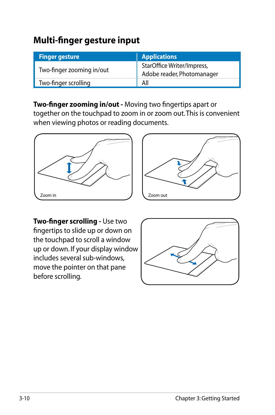 Multi-finger gesture input, Multi-finger gesture input -10 | Asus Eee PC S101/XP User Manual | Page 34 / 84