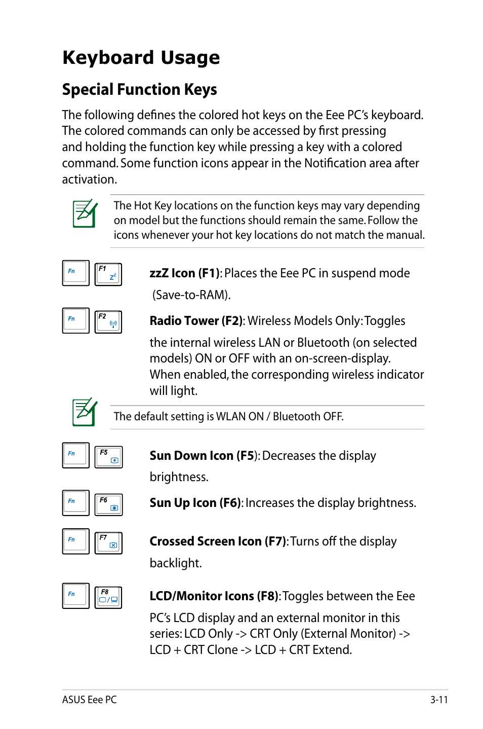 Keyboard usage, Special function keys, Keyboard usage -11 | Special function keys -11 | Asus Eee PC S101/XP User Manual | Page 35 / 84