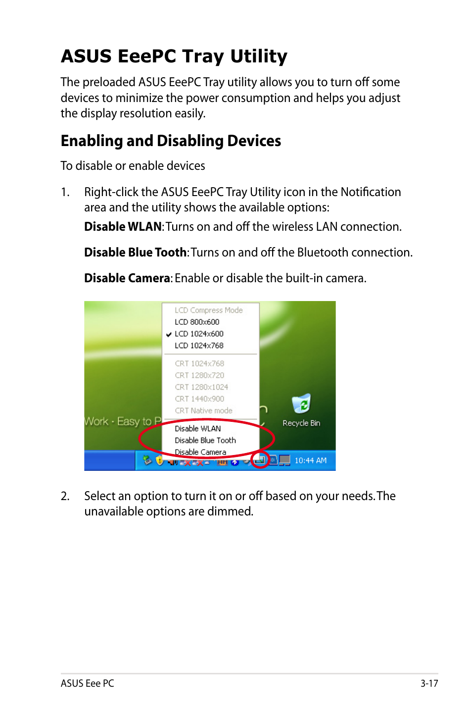 Asus eeepc tray utility, Enabling and disabling devices, Asus eeepc tray utility -17 | Enabling and disabling devices -17 | Asus Eee PC S101/XP User Manual | Page 41 / 84