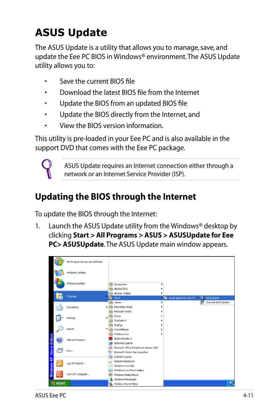 Asus update, Updating the bios through the internet, Asus update -11 | Updating the bios through the internet -11 | Asus Eee PC S101/XP User Manual | Page 55 / 84