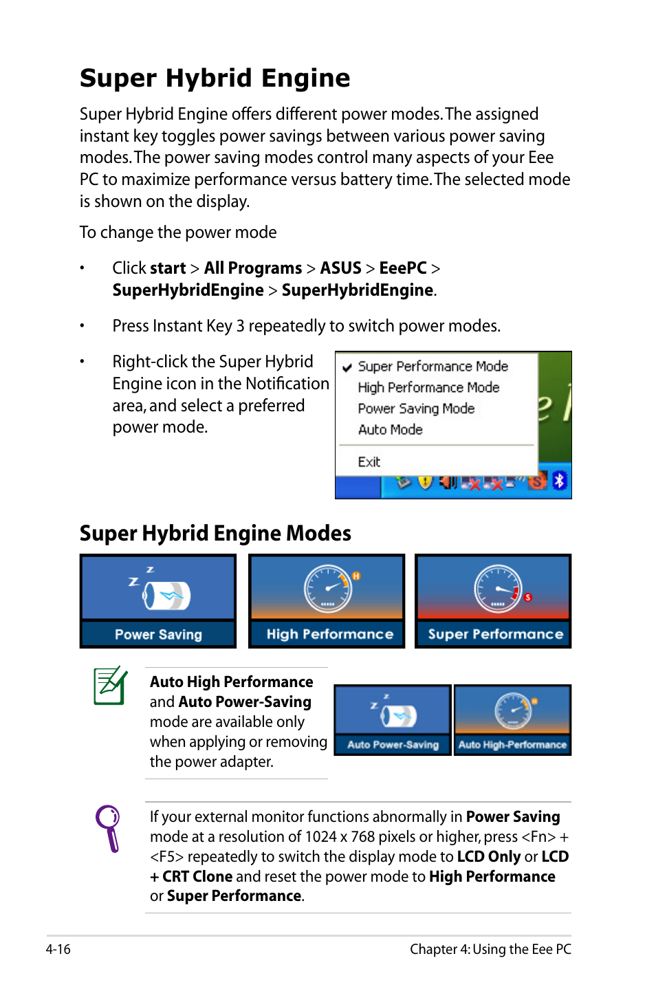 Super hybrid engine, Super hybrid engine modes, Super hybrid engine -16 | Super hybrid engine modes -16 | Asus Eee PC S101/XP User Manual | Page 60 / 84