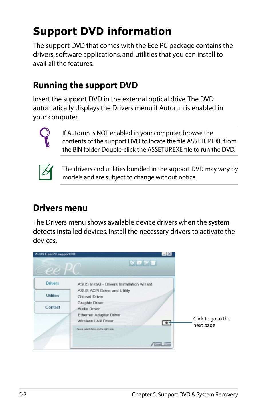 Support dvd information, Running the support dvd, Drivers menu | Support dvd information -2, Running the support dvd -2 drivers menu -2 | Asus Eee PC S101/XP User Manual | Page 66 / 84