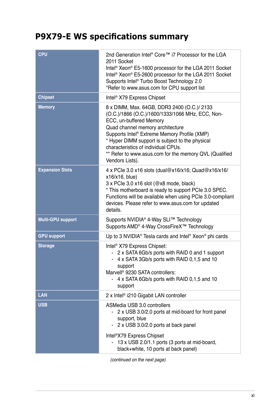 P9x79-e ws specifications summary | Asus P9X79-E WS User Manual | Page 11 / 180