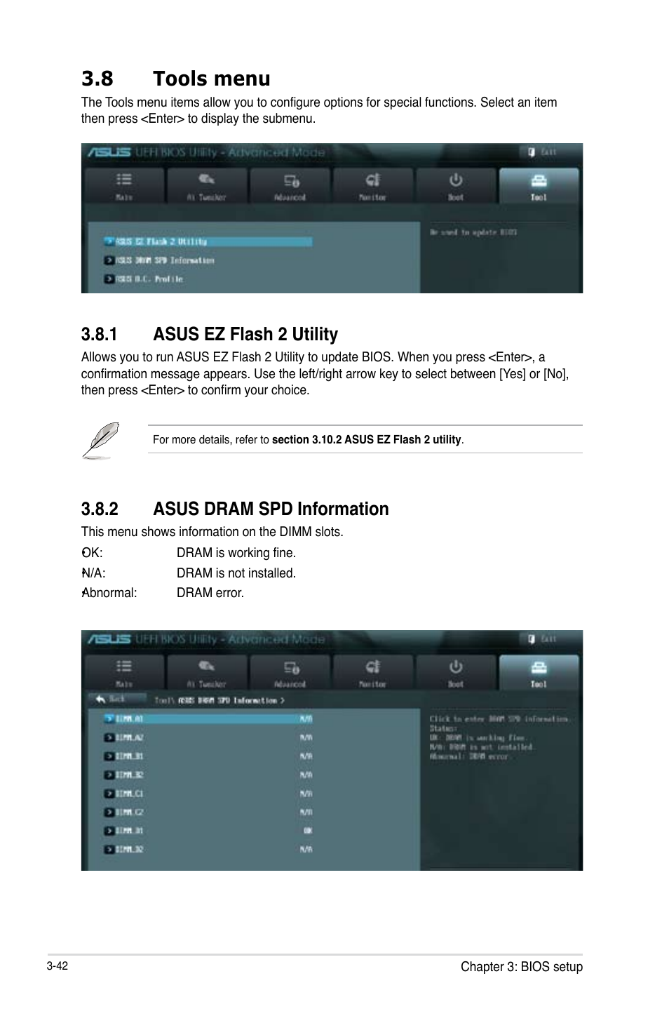 Tools menu -42, 8 tools menu, 1 asus ez flash 2 utility | 2 asus dram spd information | Asus P9X79-E WS User Manual | Page 118 / 180