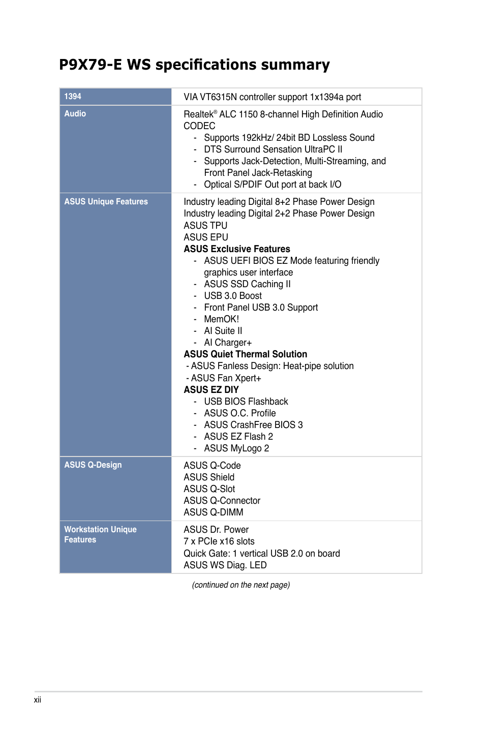 P9x79-e ws specifications summary | Asus P9X79-E WS User Manual | Page 12 / 180