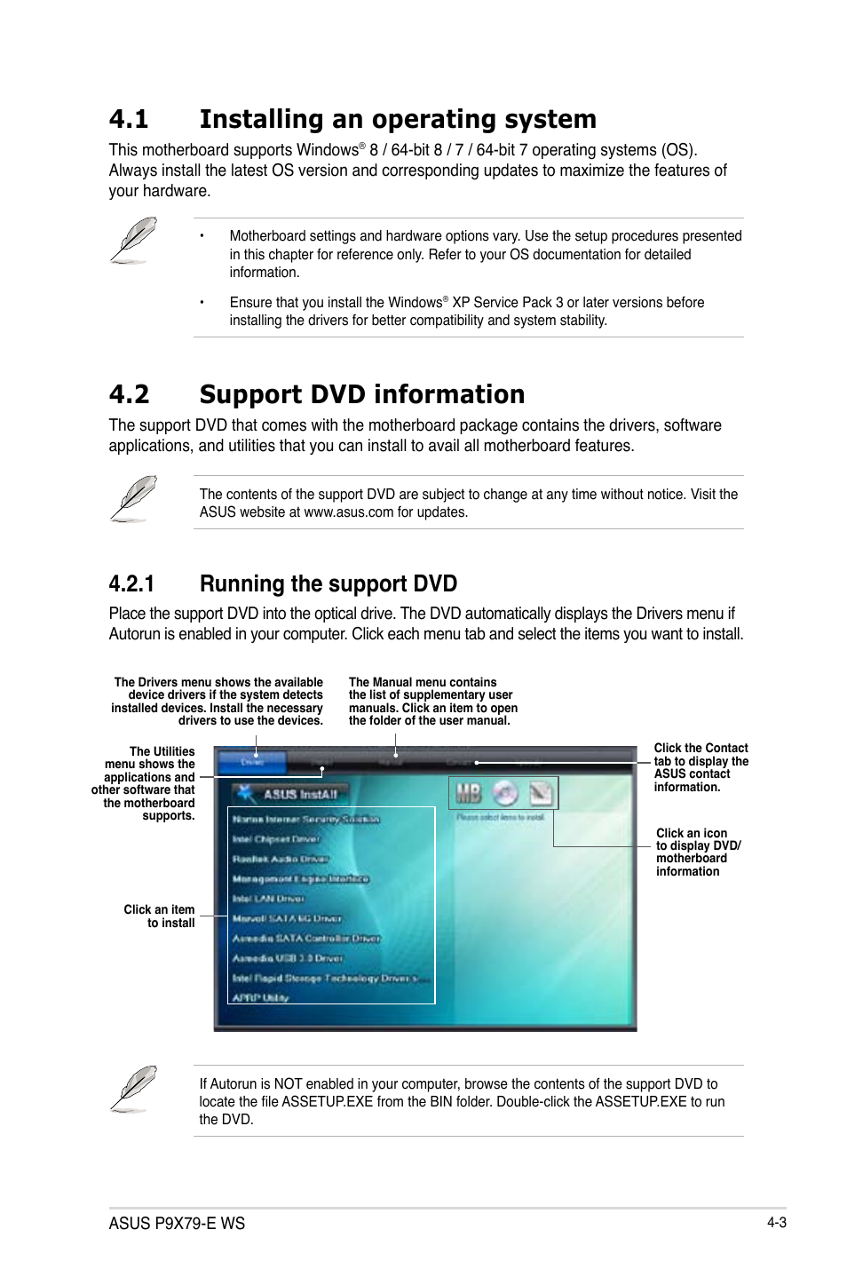 Installing an operating system -3, Support dvd information -3, 1 installing an operating system | 2 support dvd information, 1 running the support dvd | Asus P9X79-E WS User Manual | Page 131 / 180