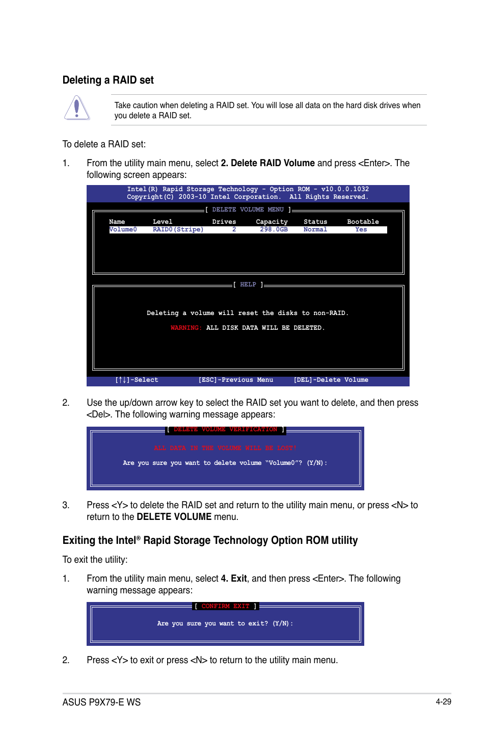 Deleting a raid set, Exiting the intel, Rapid storage technology option rom utility | Asus P9X79-E WS User Manual | Page 157 / 180