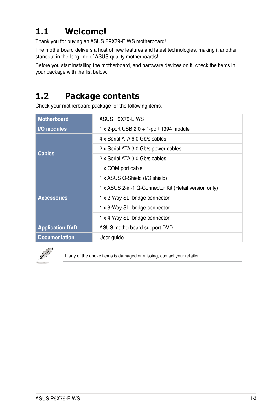 Welcome! -3, Package contents -3, 1 welcome | 2 package contents | Asus P9X79-E WS User Manual | Page 17 / 180