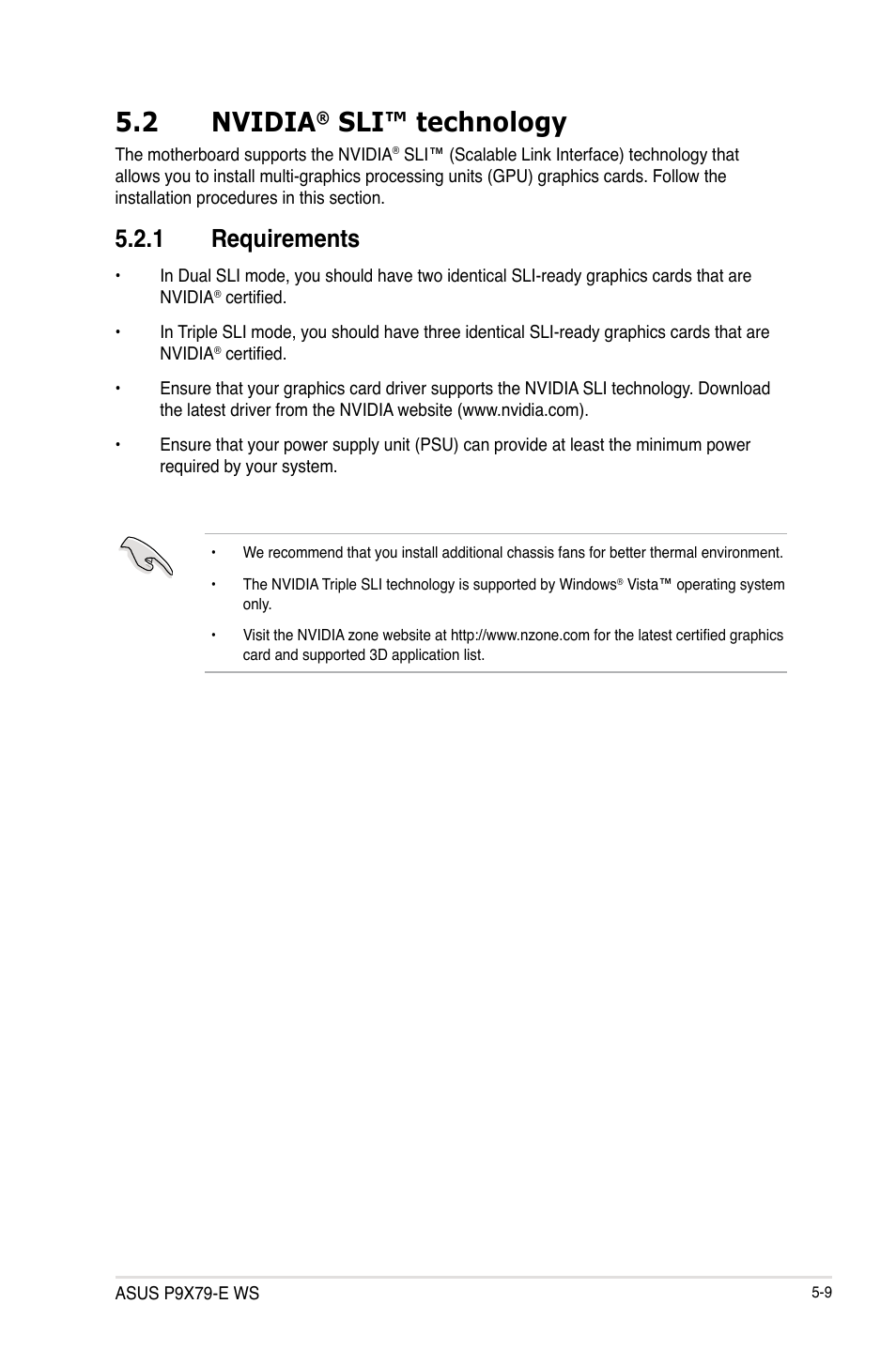 Nvidia, Sli™ technology -9, 2 nvidia | Sli™ technology, 1 requirements | Asus P9X79-E WS User Manual | Page 171 / 180