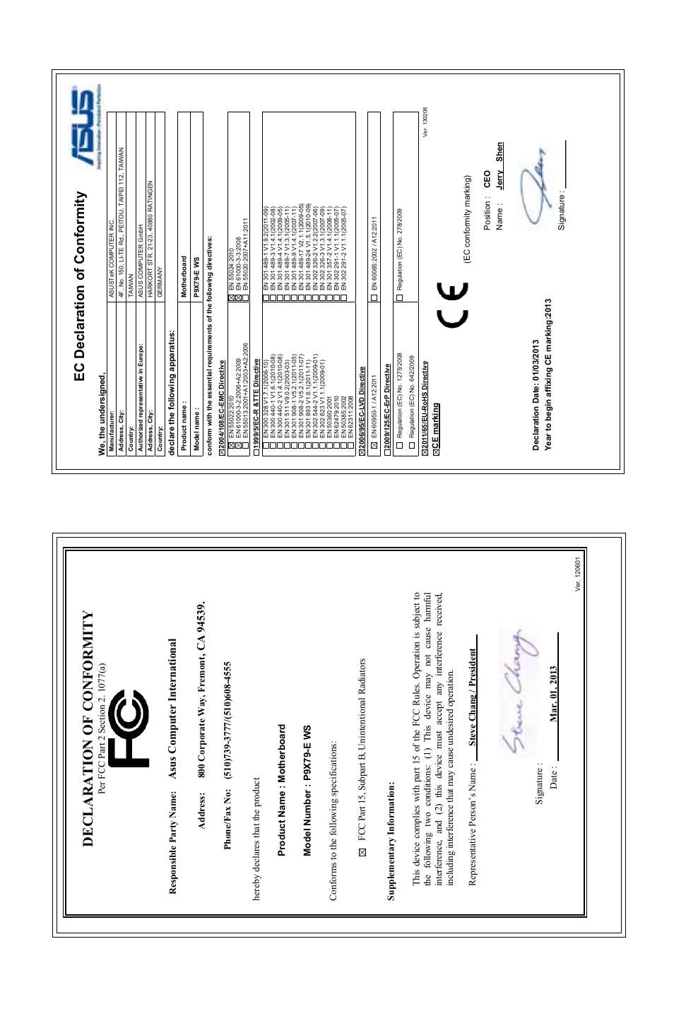 Declaration of conformity, Ec declaration of conformity, Asu s c om pu te r in te rn at io na l | Address: 800 corporate way, fremont | Asus P9X79-E WS User Manual | Page 180 / 180