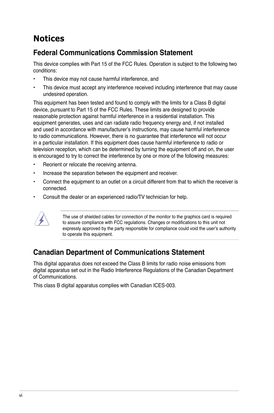 Notices, Federal communications commission statement, Canadian department of communications statement | Asus P9X79-E WS User Manual | Page 6 / 180