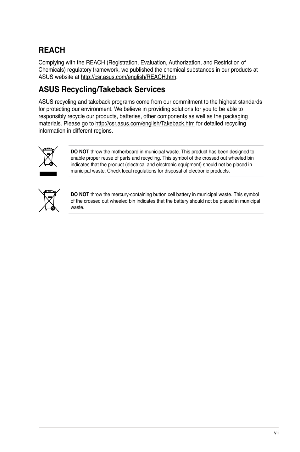 Reach, Asus recycling/takeback services | Asus P9X79-E WS User Manual | Page 7 / 180