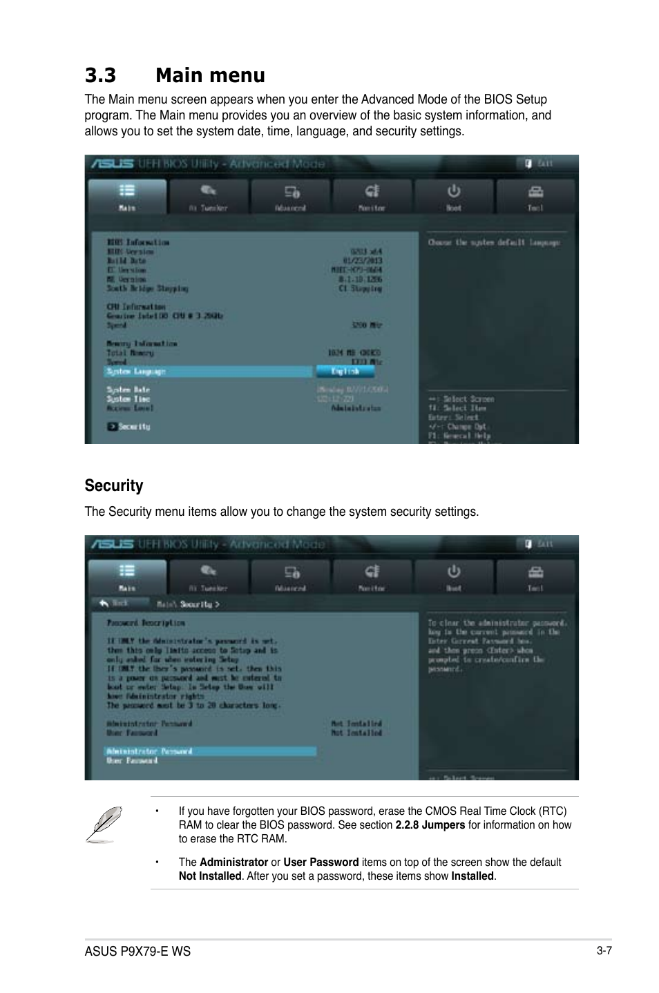 Main menu -7, 3 main menu, Security | Asus P9X79-E WS User Manual | Page 83 / 180