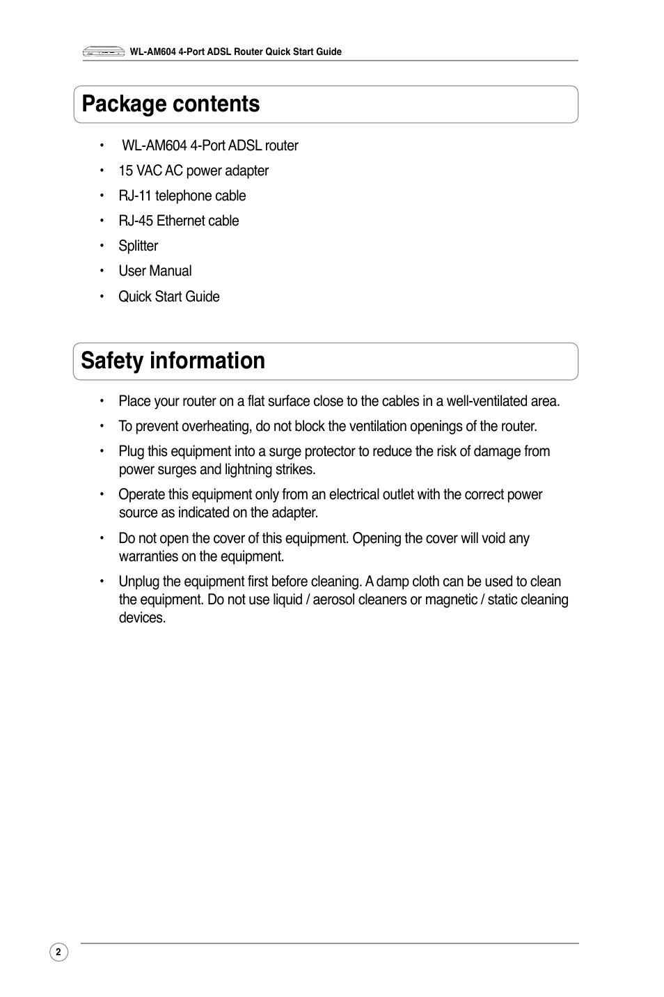 Package contents, Safety information | Asus WL-AM604g User Manual | Page 4 / 10