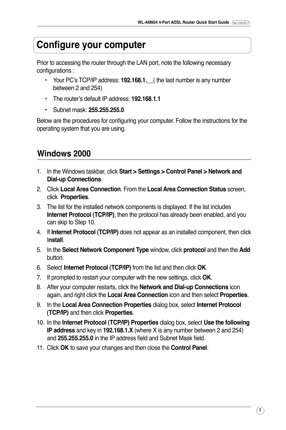 Configure your computer, Windows 2000 | Asus WL-AM604g User Manual | Page 9 / 10