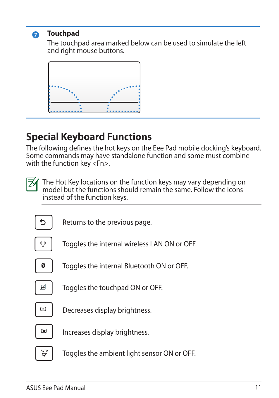 Special keyboard functions, Returns to the previous page, Toggles the internal wireless lan on or off | Toggles the internal bluetooth on or off, Toggles the touchpad on or off, Decreases display brightness, Increases display brightness, Toggles the ambient light sensor on or off, Asus eee pad manual 11 | Asus Eee Pad Transformer Prime TF201 User Manual | Page 11 / 70