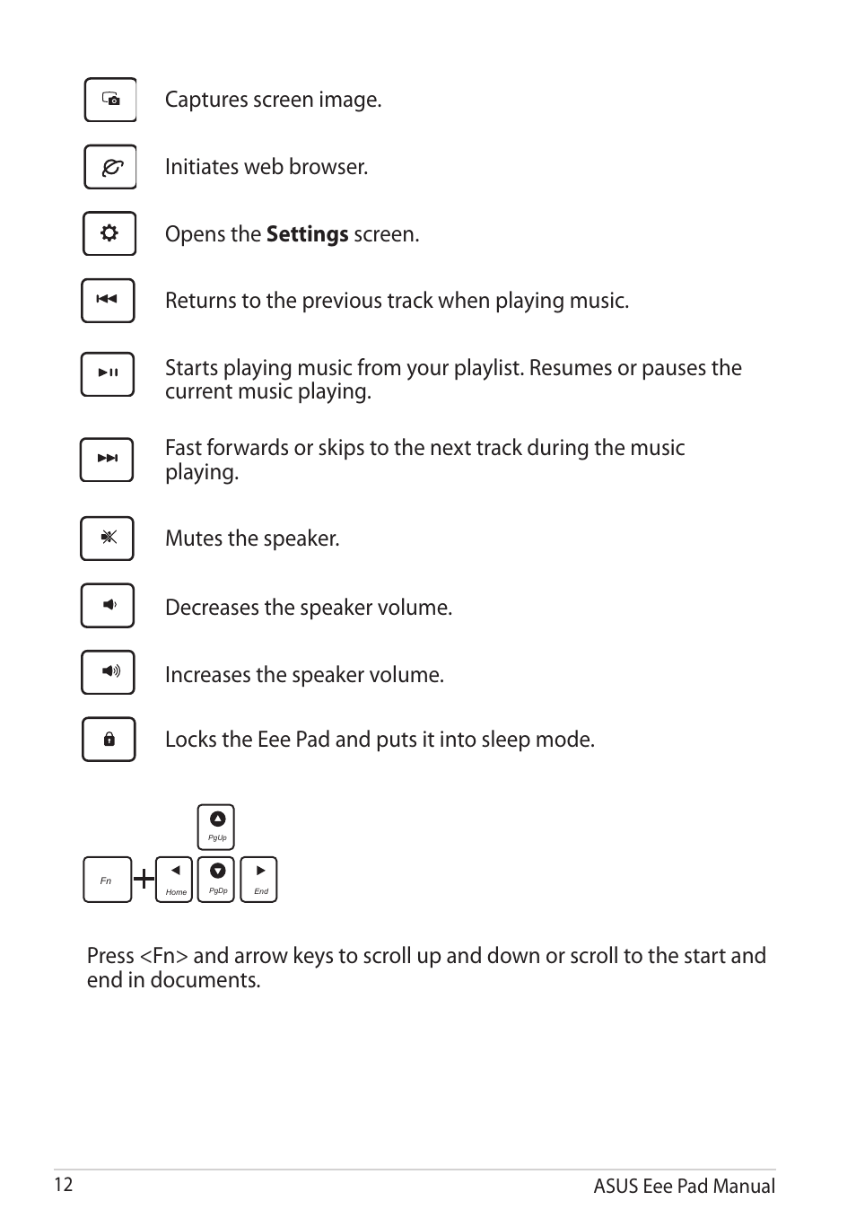 Captures screen image, Initiates web browser, Opens the settings screen | Returns to the previous track when playing music, Mutes the speaker, Decreases the speaker volume, Increases the speaker volume, Locks the eee pad and puts it into sleep mode, Asus eee pad manual 12 | Asus Eee Pad Transformer Prime TF201 User Manual | Page 12 / 70