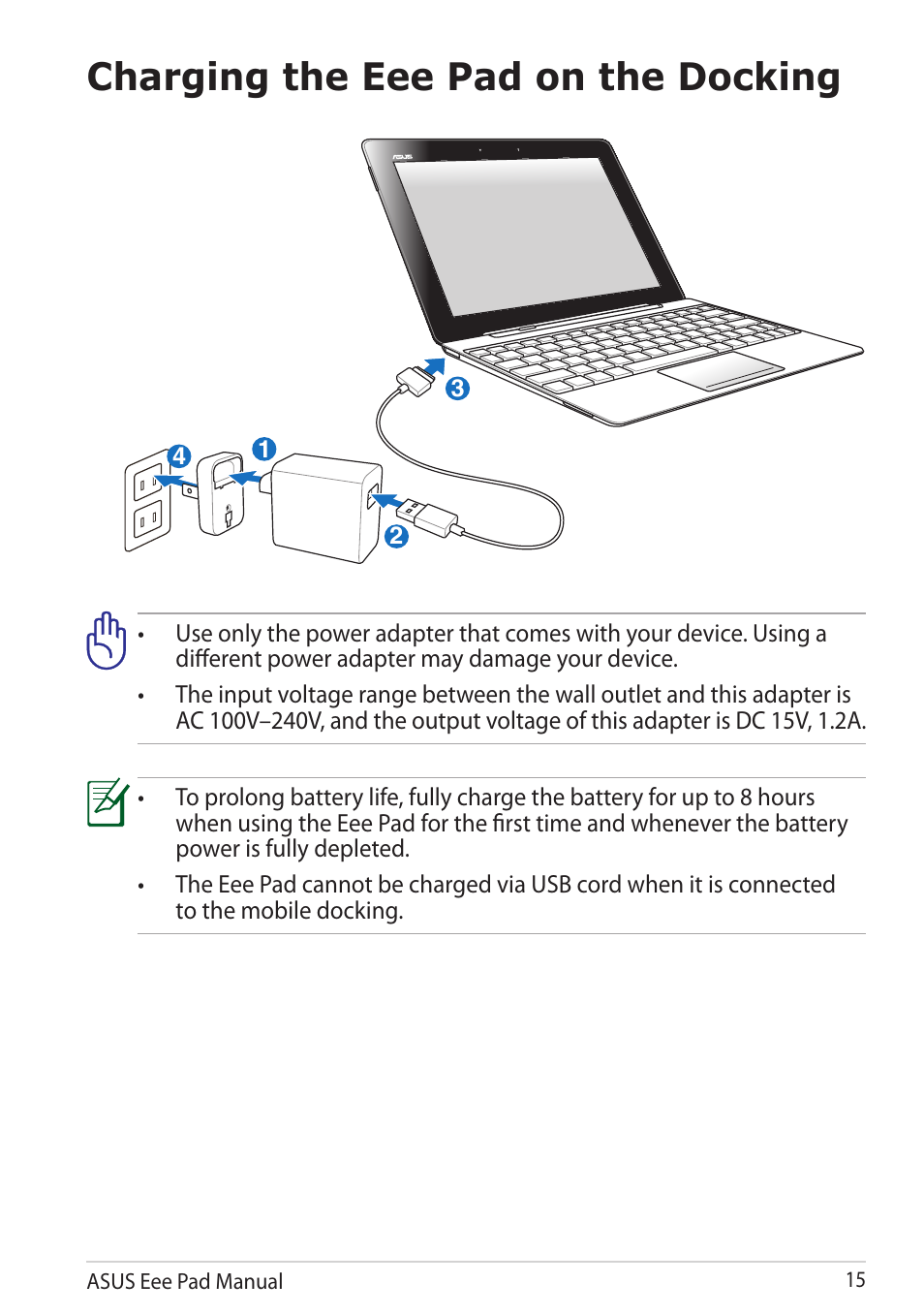 Charging the eee pad on the docking | Asus Eee Pad Transformer Prime TF201 User Manual | Page 15 / 70