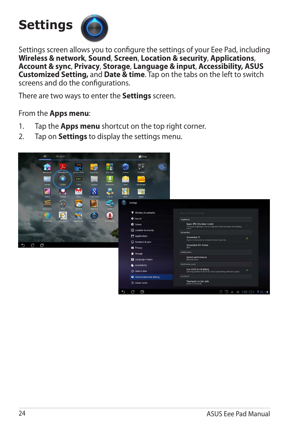 Settings | Asus Eee Pad Transformer Prime TF201 User Manual | Page 24 / 70