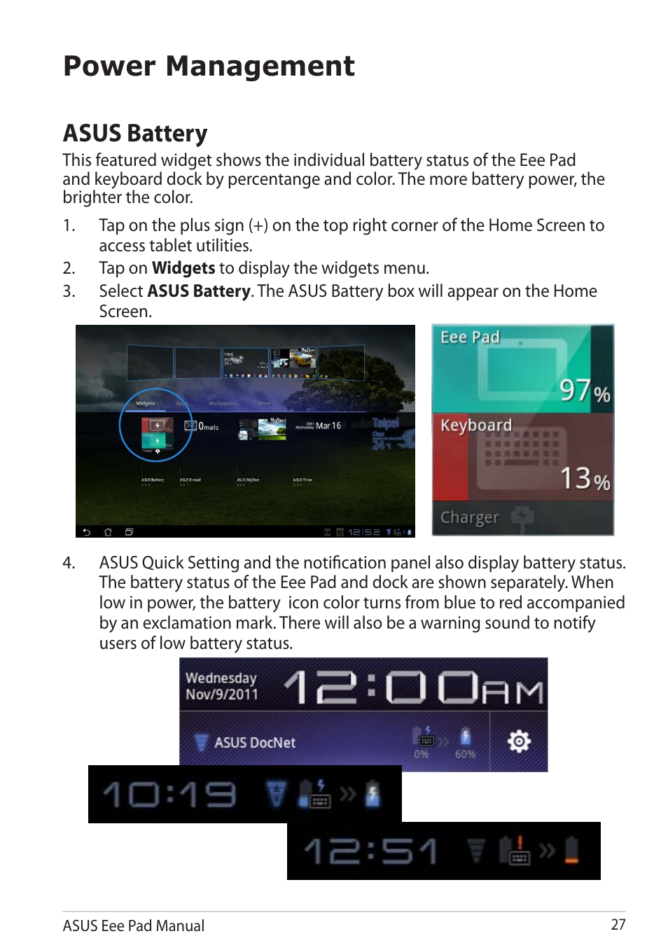 Power management, Asus battery | Asus Eee Pad Transformer Prime TF201 User Manual | Page 27 / 70