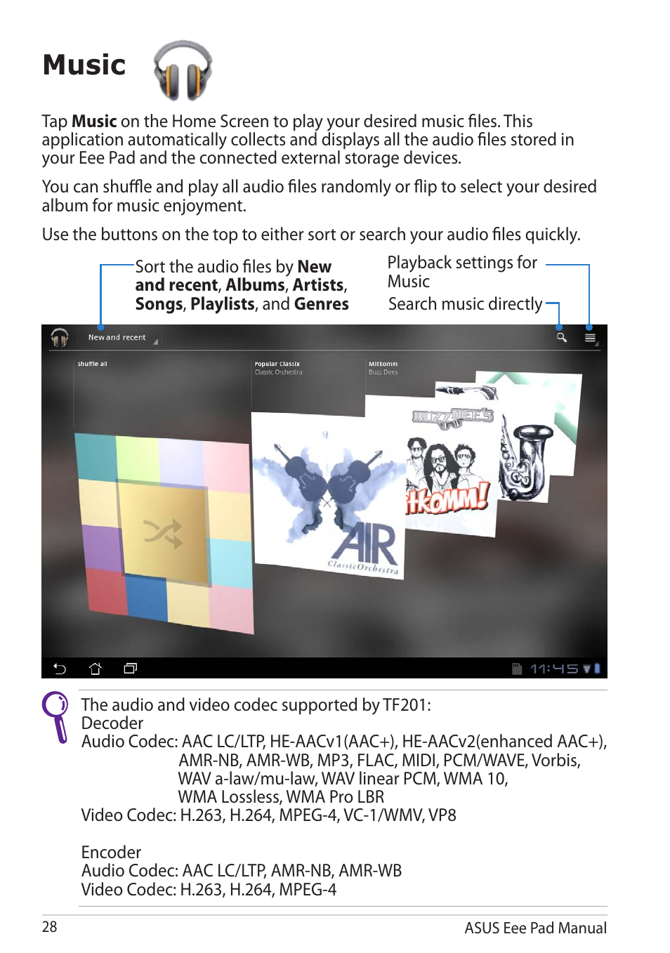 Music | Asus Eee Pad Transformer Prime TF201 User Manual | Page 28 / 70