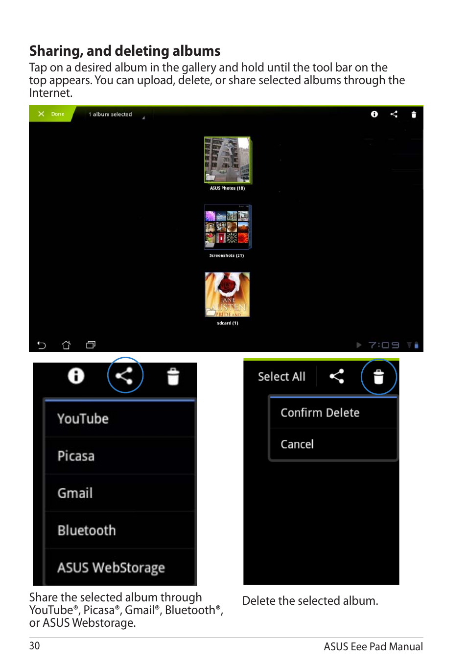 Sharing, and deleting albums | Asus Eee Pad Transformer Prime TF201 User Manual | Page 30 / 70