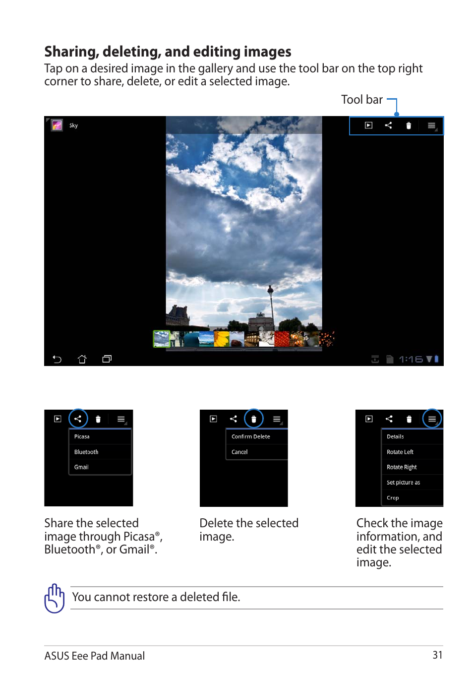 Sharing, deleting, and editing images | Asus Eee Pad Transformer Prime TF201 User Manual | Page 31 / 70
