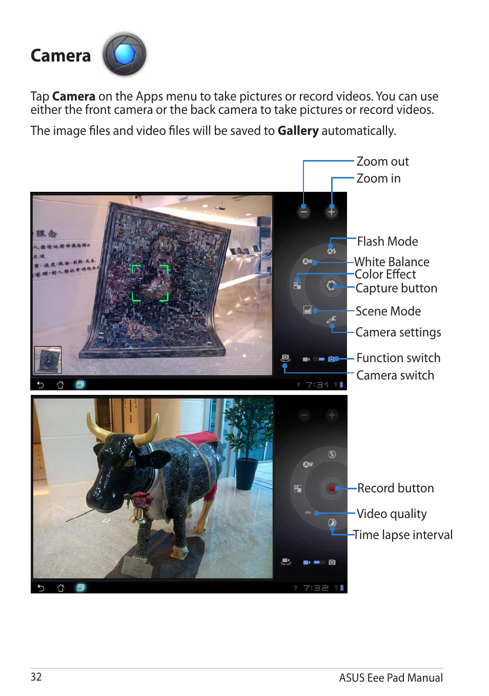 Camera | Asus Eee Pad Transformer Prime TF201 User Manual | Page 32 / 70