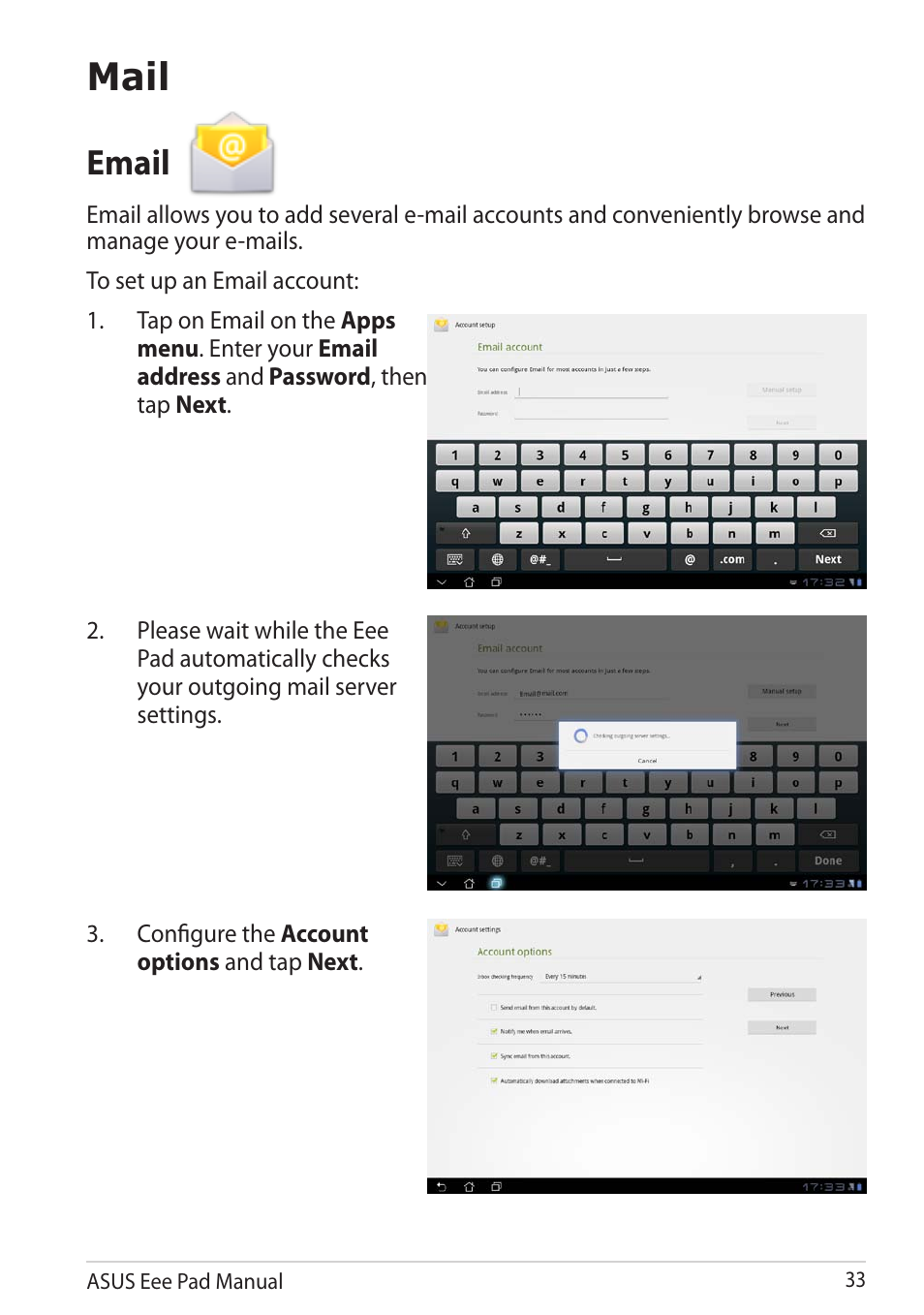 Mail, Email | Asus Eee Pad Transformer Prime TF201 User Manual | Page 33 / 70