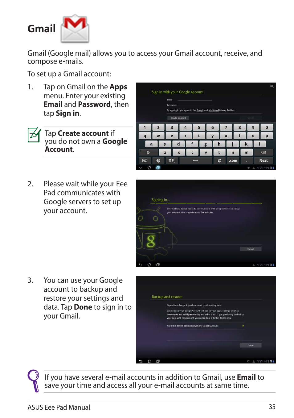 Gmail | Asus Eee Pad Transformer Prime TF201 User Manual | Page 35 / 70