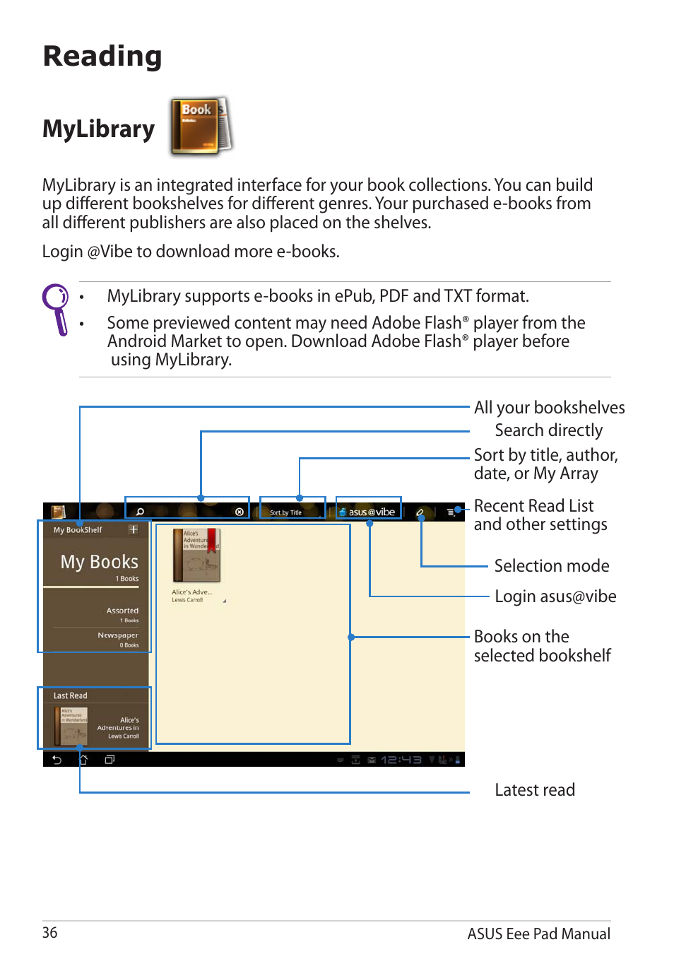 Reading, Mylibrary | Asus Eee Pad Transformer Prime TF201 User Manual | Page 36 / 70