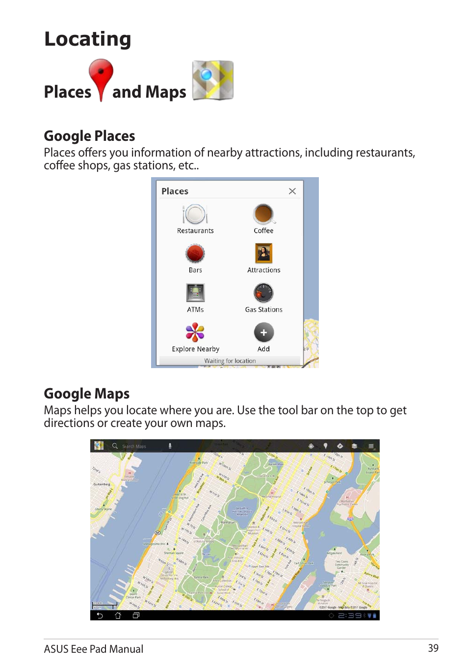 Locating, Places and maps | Asus Eee Pad Transformer Prime TF201 User Manual | Page 39 / 70