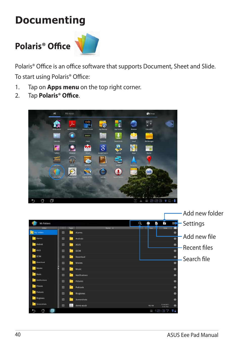 Documenting, Polaris® office | Asus Eee Pad Transformer Prime TF201 User Manual | Page 40 / 70