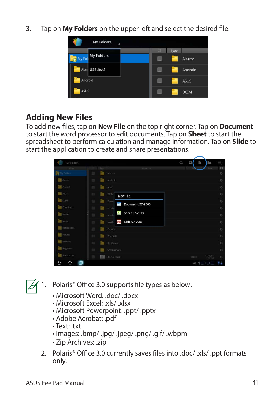 Adding new files | Asus Eee Pad Transformer Prime TF201 User Manual | Page 41 / 70