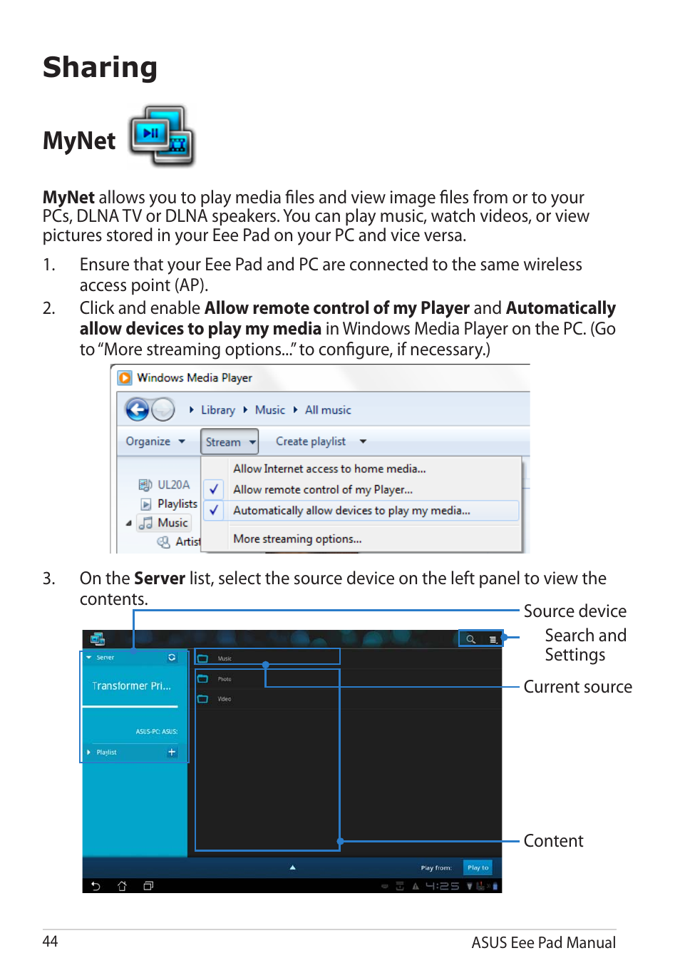 Sharing, Mynet | Asus Eee Pad Transformer Prime TF201 User Manual | Page 44 / 70