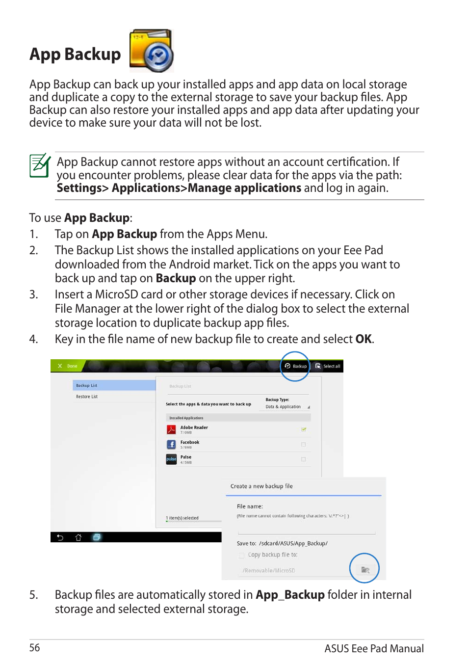 App backup | Asus Eee Pad Transformer Prime TF201 User Manual | Page 56 / 70