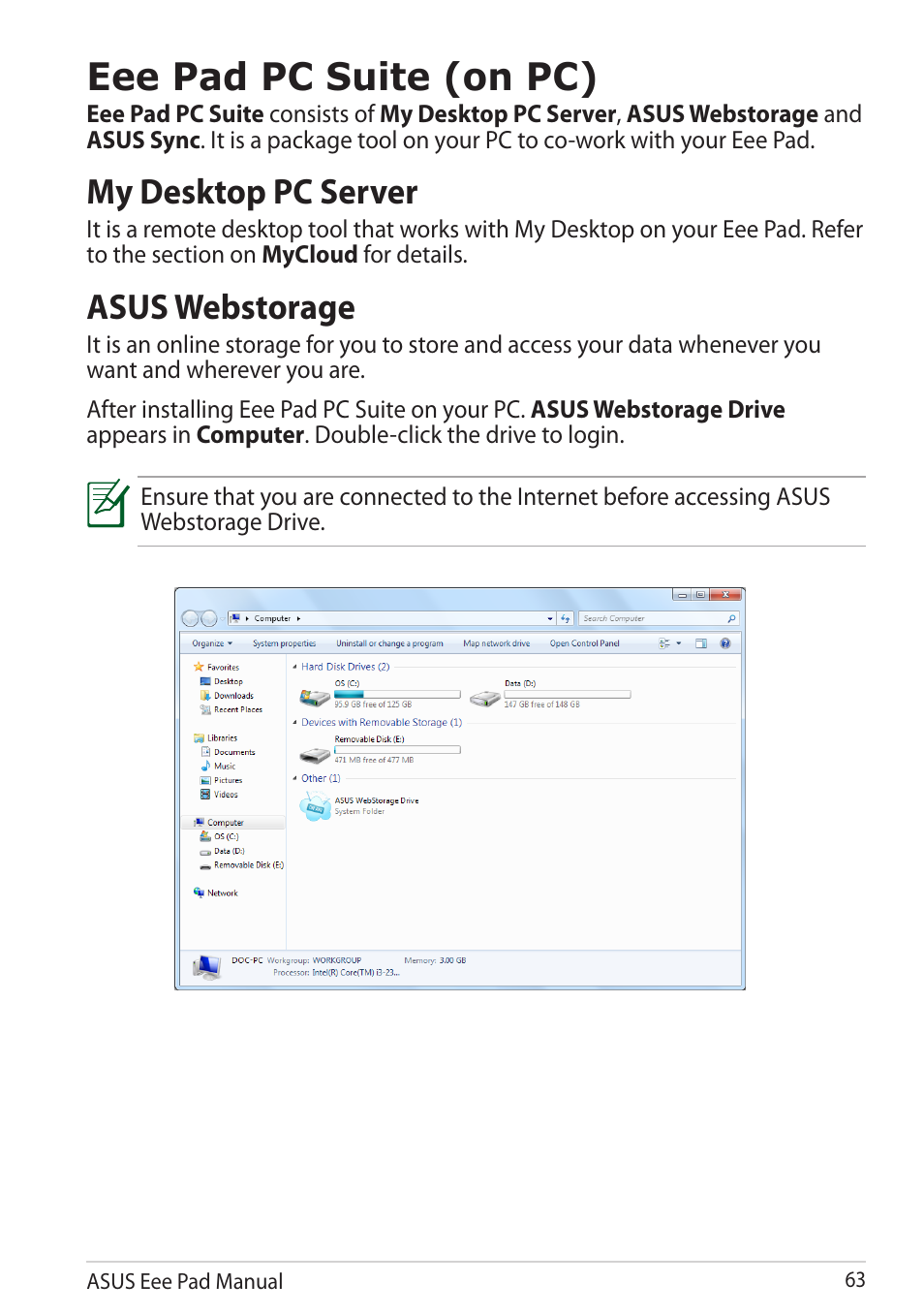 Eee pad pc suite (on pc), My desktop pc server, Asus webstorage | My desktop pc server asus webstorage | Asus Eee Pad Transformer Prime TF201 User Manual | Page 63 / 70