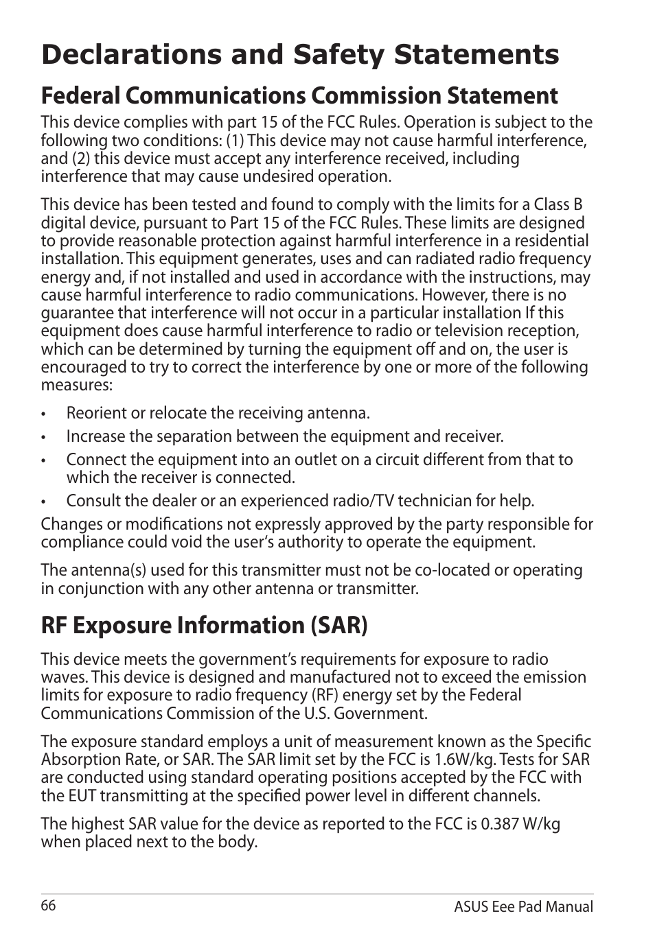 Declarations and safety statements, Federal communications commission statement, Rf exposure information (sar) | Asus Eee Pad Transformer Prime TF201 User Manual | Page 66 / 70