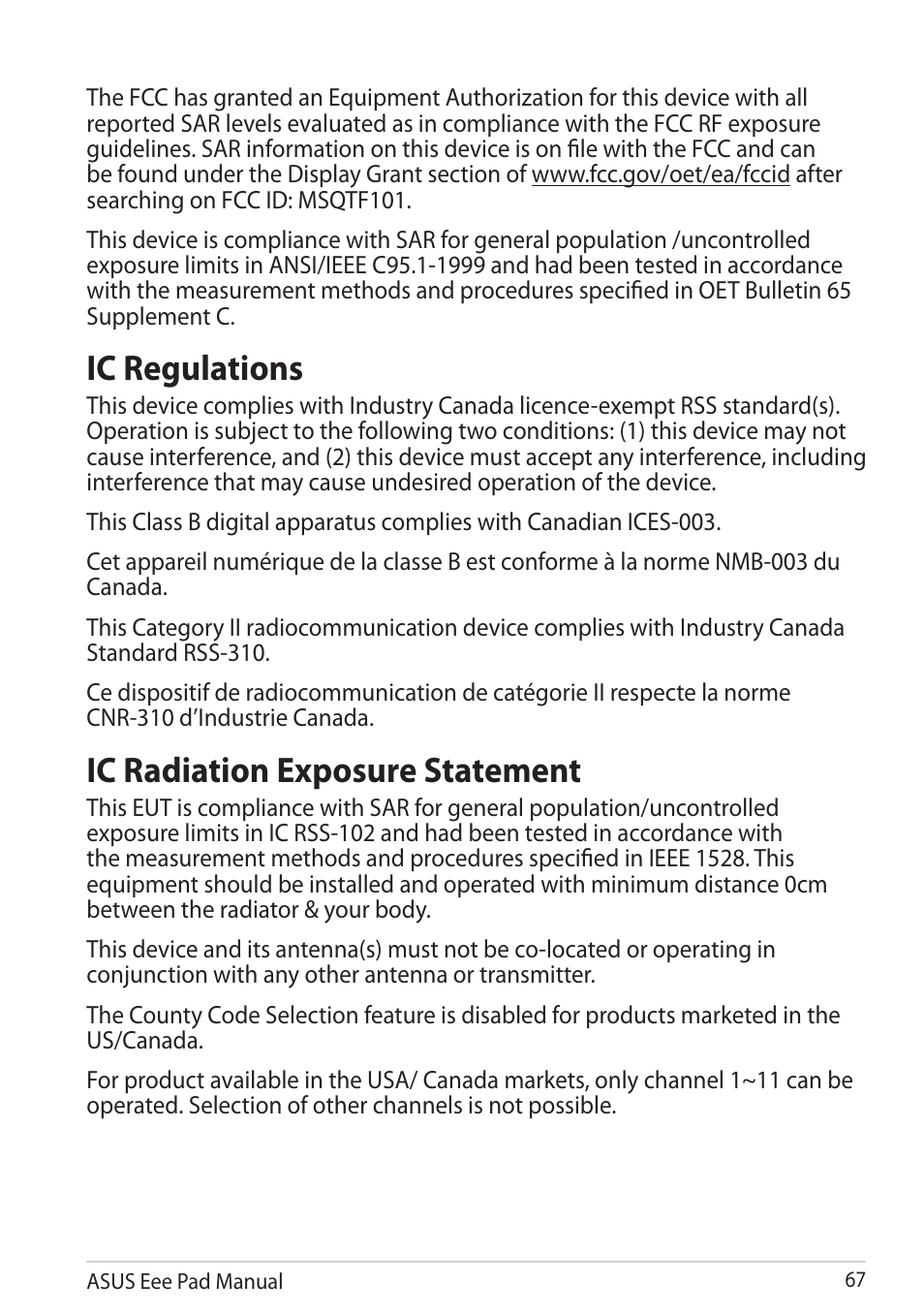 Ic regulations, Ic radiation exposure statement, Ic regulations ic radiation exposure statement | Asus Eee Pad Transformer Prime TF201 User Manual | Page 67 / 70