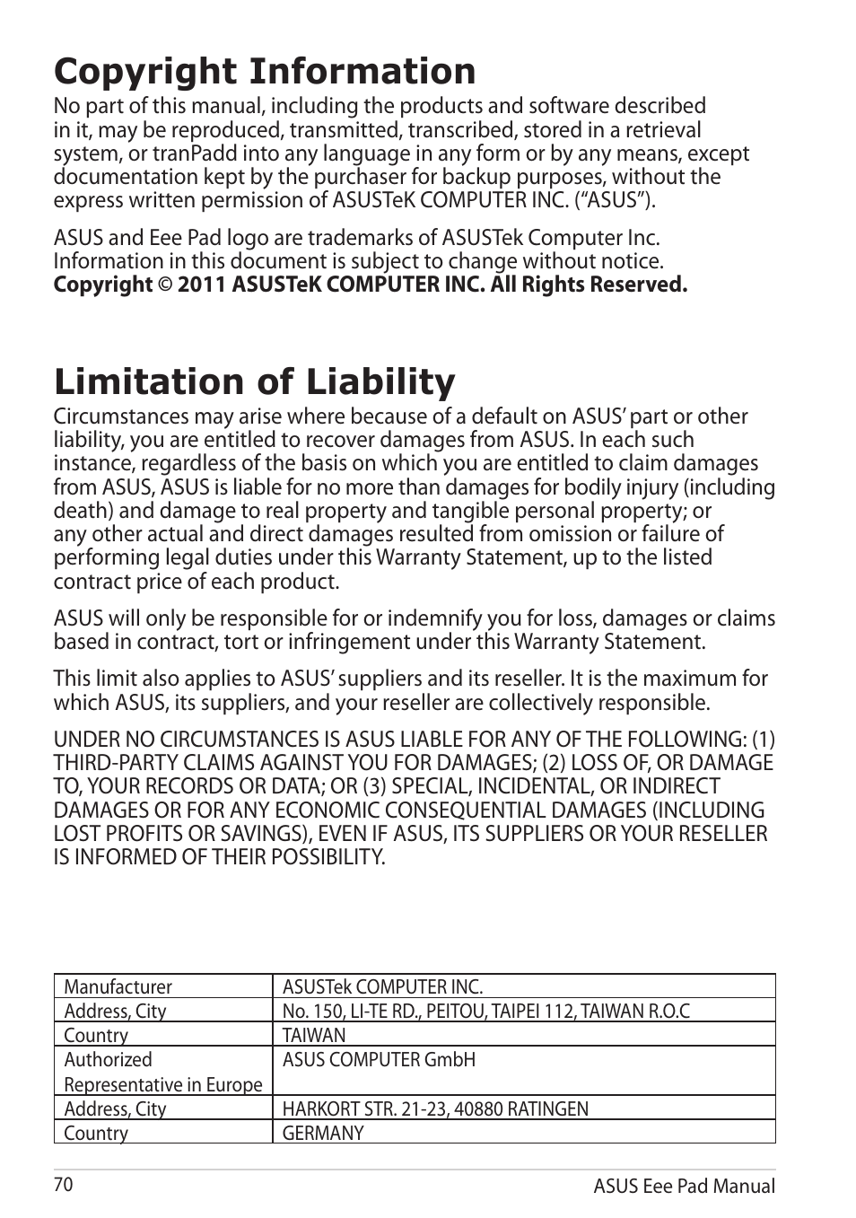 Copyright information, Limitation of liability, Copyright information limitation of liability | Asus Eee Pad Transformer Prime TF201 User Manual | Page 70 / 70