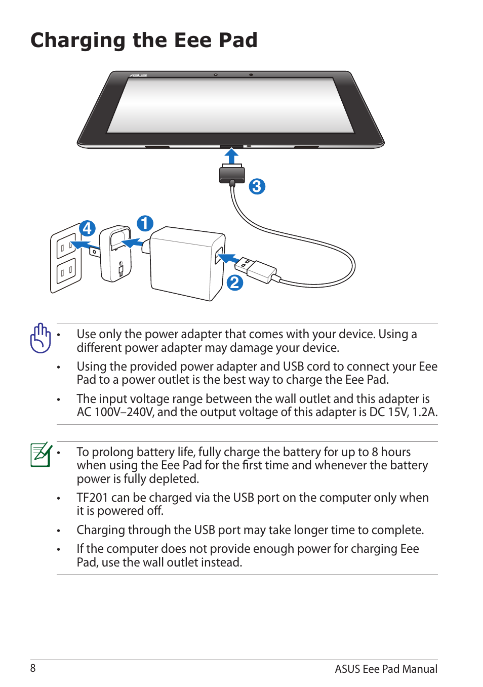 Charging the eee pad | Asus Eee Pad Transformer Prime TF201 User Manual | Page 8 / 70