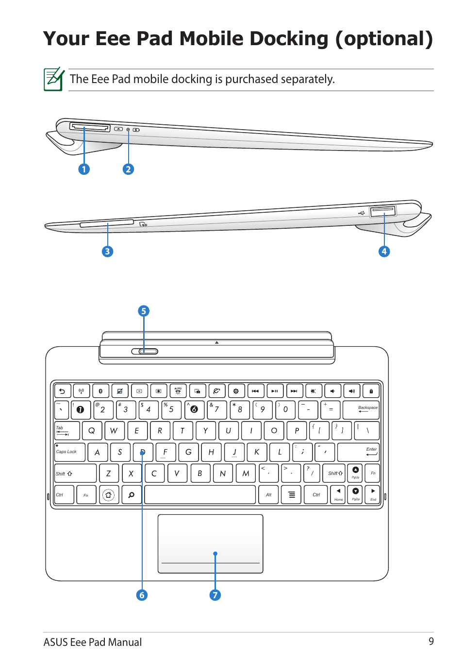 Your eee pad mobile docking (optional), The eee pad mobile docking is purchased separately, Asus eee pad manual 9 | Asus Eee Pad Transformer Prime TF201 User Manual | Page 9 / 70