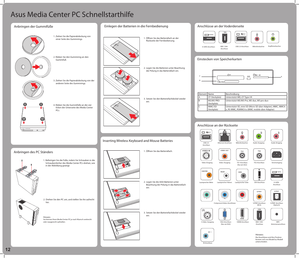 Asus media center pc schnellstarthilfe, Re co rd er dv d+ r dl di gi ta l ho me | Asus Asteio D22 User Manual | Page 12 / 24