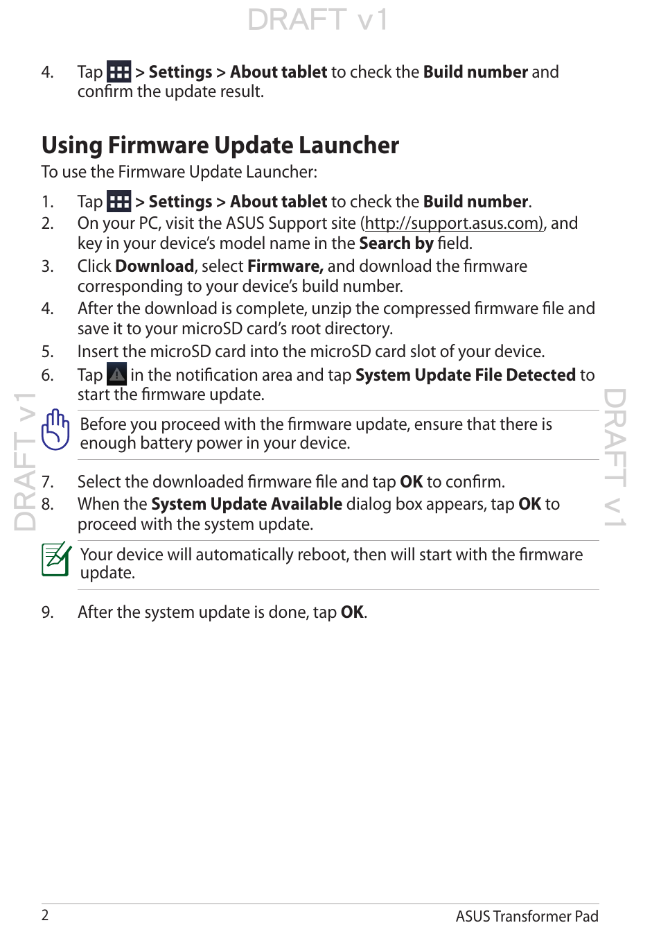 Draft v1, Using firmware update launcher | Asus Transformer Pad TF300T User Manual | Page 2 / 2